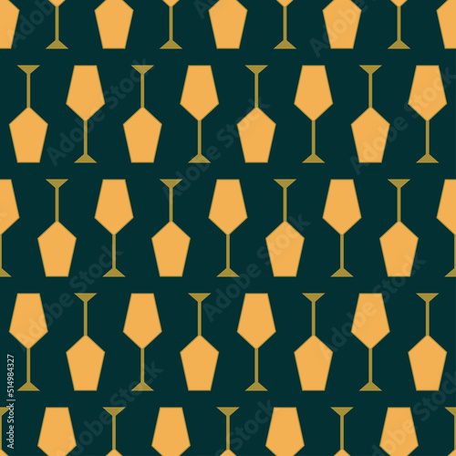 Art deco seamless pattern with glass of wine. Icon alcohol drink in art deco style. Golden cocktail icon in style of the 1920s-1930s. Vintage design for print on fabric, wallpaper.Vector illustration