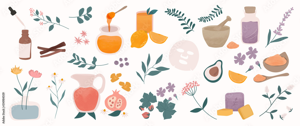 Homeopathy and nature beauty skin vector element. Flower, herbs and skincare packaging hand drawn doodle design for banner, ads, logo and packaging design. Homeopathy and nature beauty skin vector element. Flower, herbs and skincare packaging hand drawn doodle design for banner, ads, logo and packaging design.