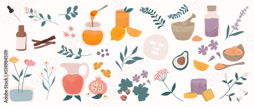 Homeopathy and nature beauty skin vector element. Flower, herbs and skincare packaging  hand drawn doodle design for banner, ads, logo and packaging design.