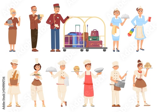 Hotel team. Professional service staff, waiter, hospitality people, kitchen workers. Cartoon cleaner and receptionist, tourism occupations decent vector set