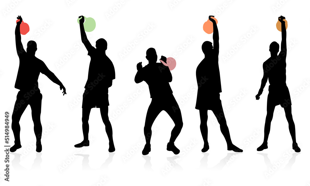 Fototapeta premium Set outline black silhouette of a weight lifter athlete in a standing position with a kettlebell. Weight lifting.