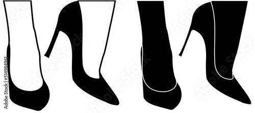 Set of outline black and white silhouette of women's shoes. Women's shoe model. Flat style.