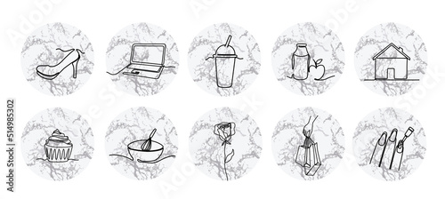Instagram marble lifestyle highlight icon set. Hand drawn neutral story covers for social media