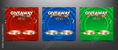 Giveaway anniversary and shopping sale banner with gold podium and confetti