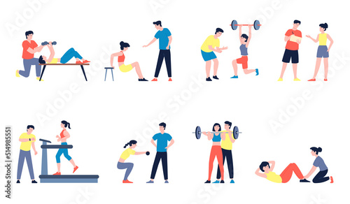 Fitness workout with trainer. Physical exercises with coach, young fit athlete stretching. Gym athletic scenes, healthy sport training recent vector characters