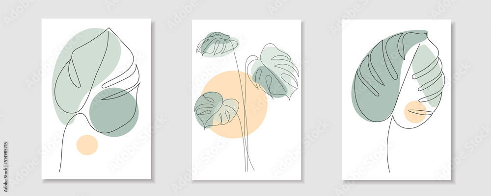 One line drawing of tropical leaves set monstera. Modern, boho single line art. Vector illustration. Green and yellow shapes of different shapes of blots