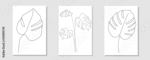 One line set drawing of tropical leaves monstera. Modern, boho single line art. Vector illustration.