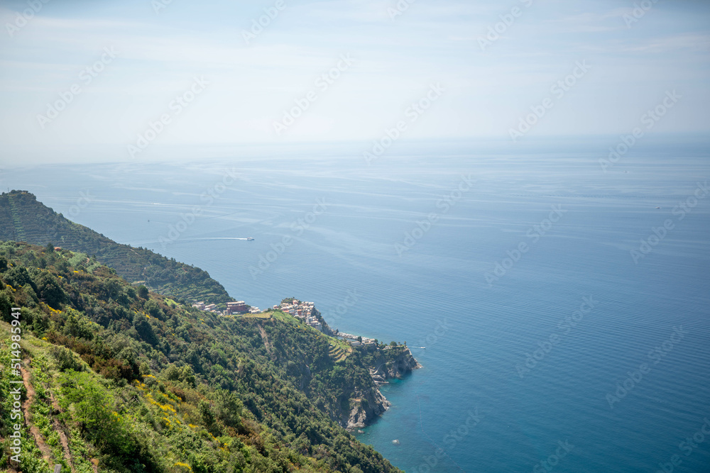 Beautiful 5 Terre landscape in Italy. Coastline and mountains covered in Vineyards. Popular tourist destination in Italy, Cinque Terre