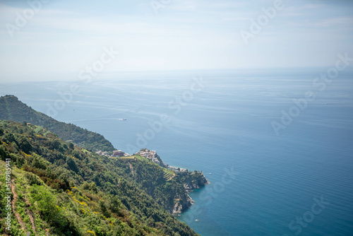 Beautiful 5 Terre landscape in Italy. Coastline and mountains covered in Vineyards. Popular tourist destination in Italy, Cinque Terre