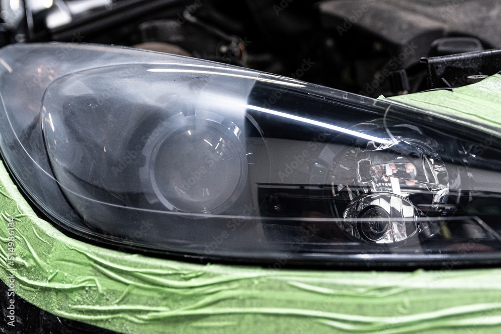 Effect before and after. Polishing of car headlights. Work in a car detailing studio