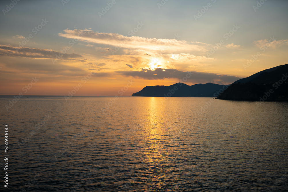 Sunset at the Mediterranean Sea in 5 Terre. Beautiful Sunrise on Mediterranean Sea