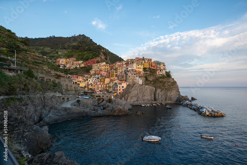 Manarola in 5 Terre, beautiful little town in Italy during sunset. Popular and famous tourist destination in Italy