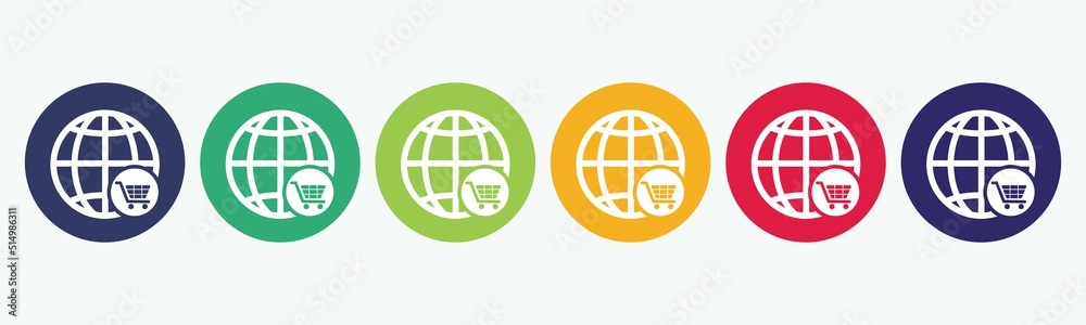 6 circles set of online_shopping icon in various colors. Globe symbol with cart. Vector illustration. 6 circles set of online_shopping icon in various colors. Globe symbol with cart. Vector illustration.
