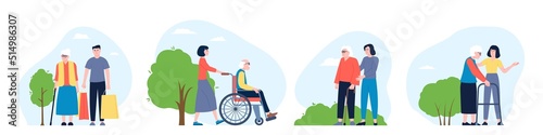 Social help community. Support service people elderly. Seniors and volunteers walking, helpful scenes. Old patient and nurse recent vector characters