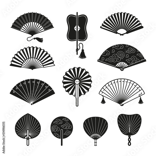 Black japanese fan icons. Dance elegant asian fans design isolated on white background. Simple handheld fanning oriental symbols, chinese tidy vector set