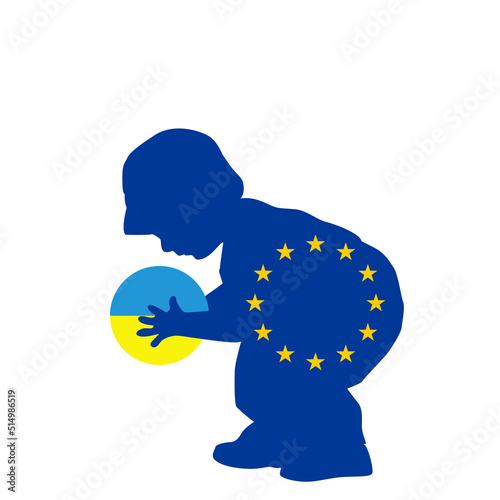 European Union helps Ukraine abstract illustration with child holding a ball colored in Ukraine flag colors