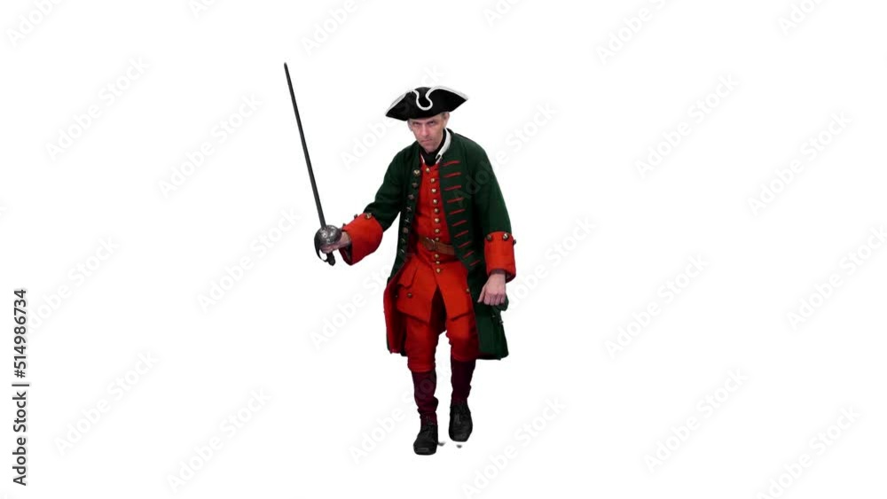 Russian 18th century infantry officer going on attack with smallsword, Full HD footage with alpha transparency channel isolated on white background Russian 18th century infantry officer going on attack with smallsword, Full HD footage with alpha transparency channel isolated on white background