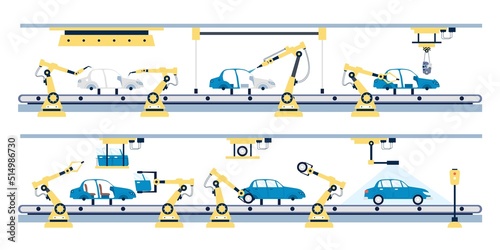 Car factory. Cars industry manufacturing, automation conveyor with robotics technology. Assembly auto and transport. Smart flat business production recent vector scene