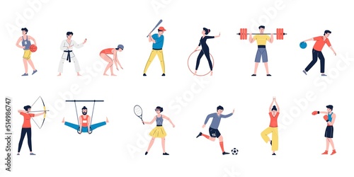 Sport people characters. Fun sports man and women, healthy athletics person. Sportsman training and doing exercise, recent athlete vector set