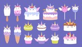 Unicorn desserts, macaron and ice cream. Cake donuts with cute face, kawaii characters kids sweet dessert. Childish magic pony racy vector print