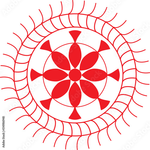 Red color mandala.Decorative ornament with fish. Alpona design. Template for congratulations.