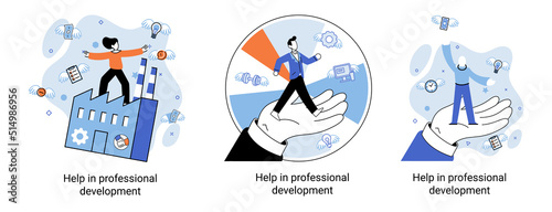 Help in professional development metaphor. Qualified employee training program. Refresher course. Human resource management organization. Business education workshop. School personality growth in team