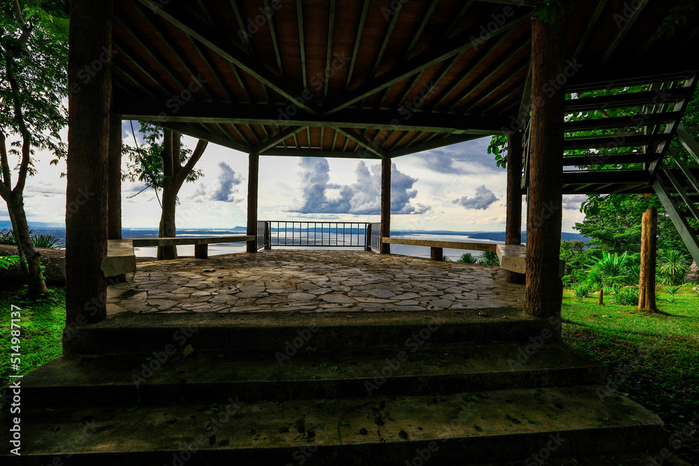 Background of wooden walkways (wooden bridges) created for high-angle views on mountains, natural attractions, or parks that have forest preservation