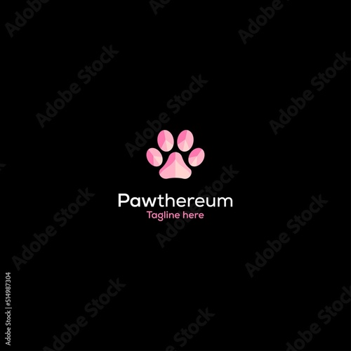 Dog and cat foot logo. Footprint pet. Foot puppy isolated on black background. 