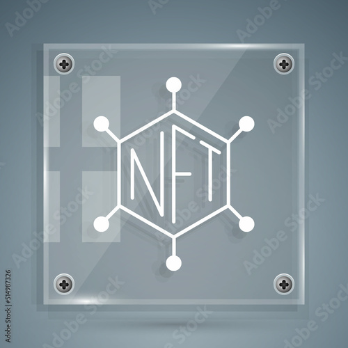 White NFT blockchain technology icon isolated on grey background. Non fungible token. Digital crypto art concept. Square glass panels. Vector