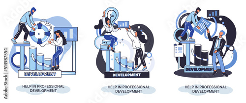 Help in professional development metaphor. Qualified employee training program. Refresher course. Human resource management organization. Business education workshop. School personality growth in team