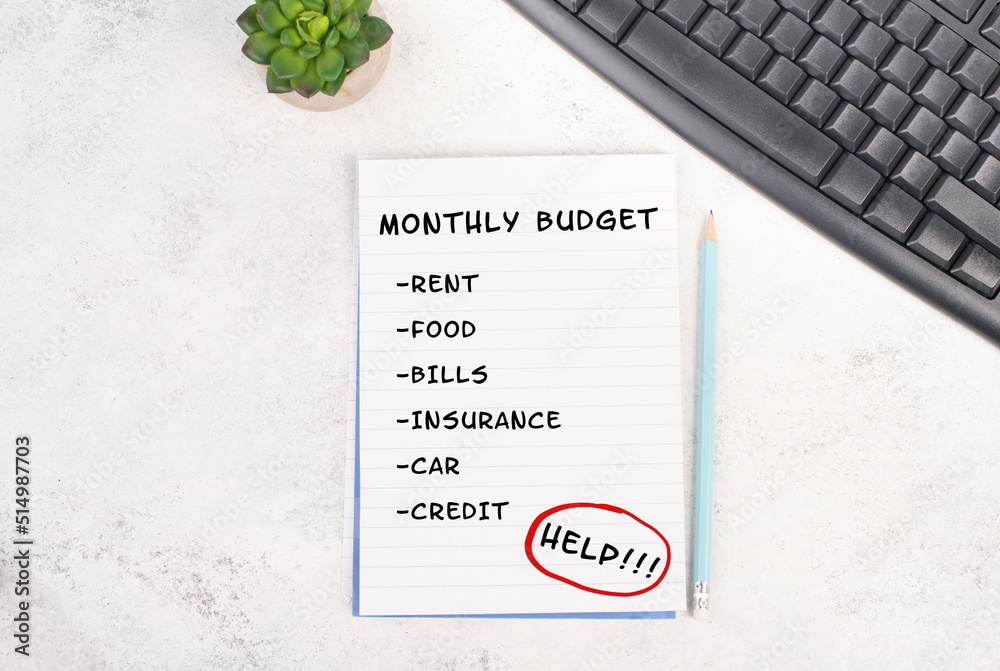 List with the monthly budget for rent, food, insurance, paying bills