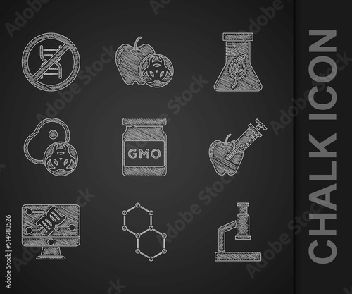 Set GMO, Chemical formula, Microscope, Genetically modified apple, engineering modification, meat, Test tube and flask and Stop icon. Vector