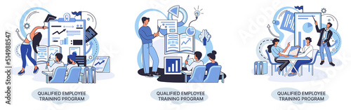 Qualified employee training program. Refresher course metaphor. Help in professional development. Learning for software development and growth. Agile project management team project life scrum meeting