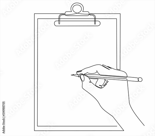 One continuous line drawing of hand writing on a clipboard with blank paper