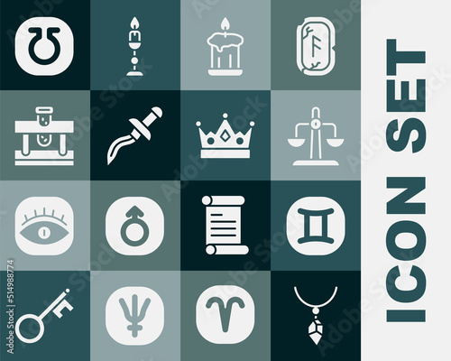 Set Necklace with crystal, Gemini zodiac, Libra, Burning candle, Dagger, Bottle potion, Life and King crown icon. Vector
