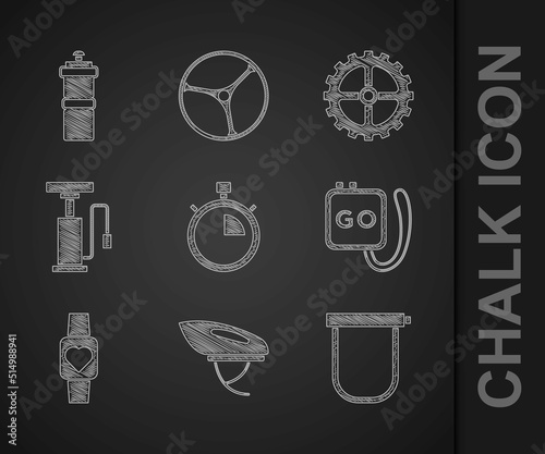 Set Stopwatch, Bicycle helmet, lock, Smart, air pump, sprocket crank and Sport bottle with water icon. Vector