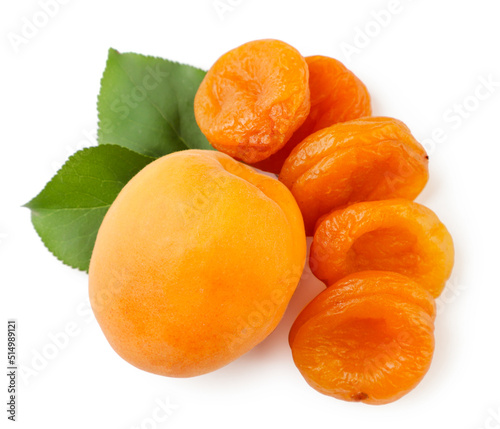 Dried apricots and ripe on a white background. Top view