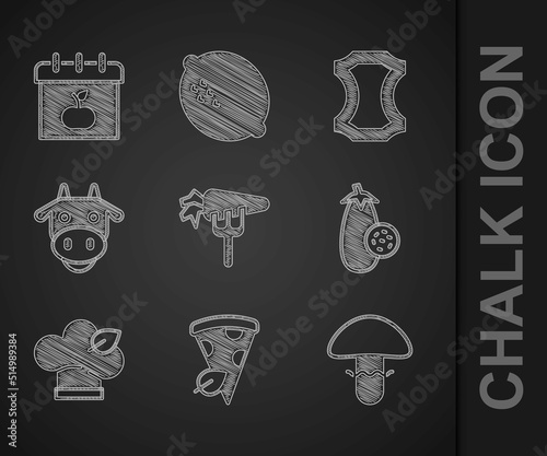 Set Carrot, Vegan pizza slice, Mushroom, Eggplant, food diet, Cow head, Leather and World Vegetarian day icon. Vector