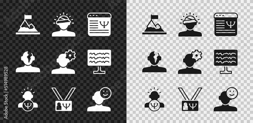 Set Mountains with flag on top, Concussion, headache, Online psychological counseling, Psychology, Good mood, Solution problem psychology and icon. Vector