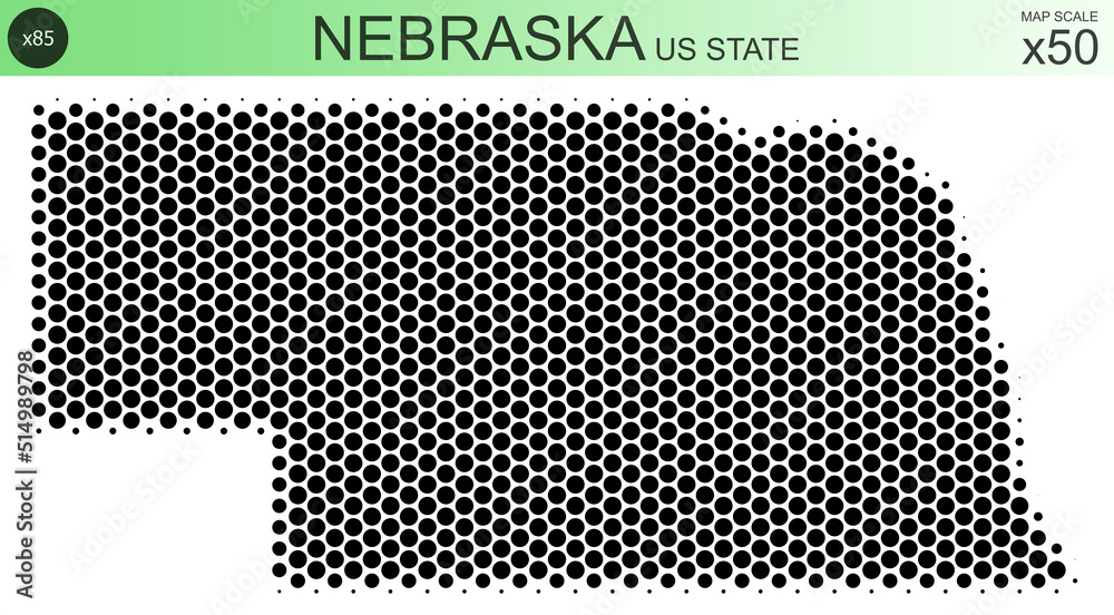 Dotted map of the state of Nebraska in the USA, from circles, on a