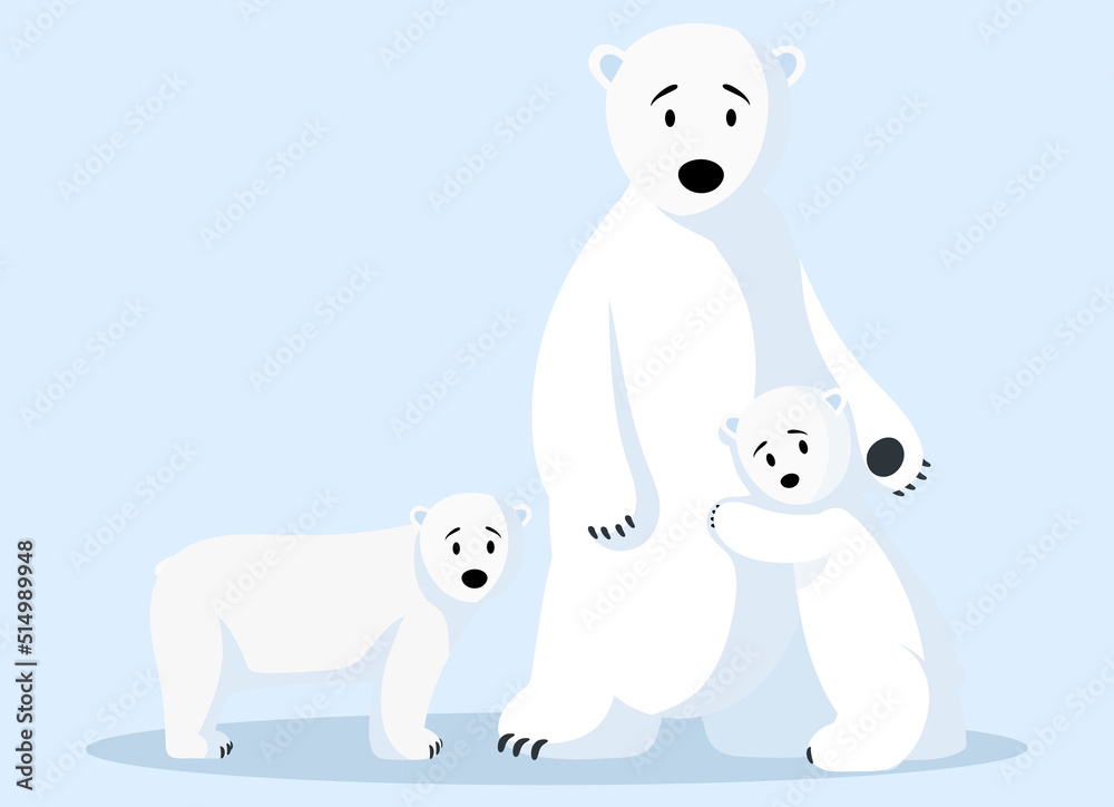 Polar white bear family floating on water on broken ice floe. Wild animal living in antarctica. Large mammal with white fur from north. Melting glacier, climate change and global warming concept Polar white bear family floating on water on broken ice floe. Wild animal living in antarctica. Large mammal with white fur from north. Melting glacier, climate change and global warming concept
