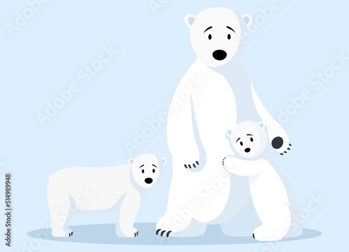 Polar white bear family floating on water on broken ice floe. Wild animal living in antarctica. Large mammal with white fur from north. Melting glacier, climate change and global warming concept