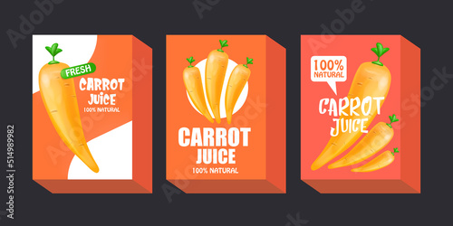 Carrot juice packaging design template set. Collection of carrot juice label , poster, banner package design. Vegetarian drinks set