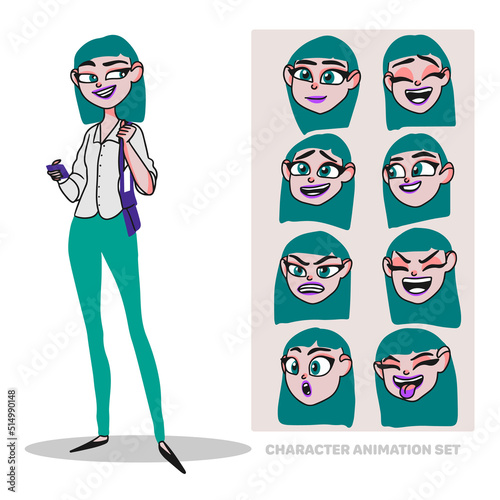 haracter animation set, young woman, full length, in office clothes with a bag and a phone, creating people with emotions