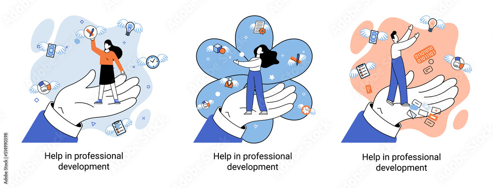 Fototapeta premium Help in professional development metaphor. Qualified employee training program. Refresher course. Human resource management organization. Business education workshop. School personality growth in team