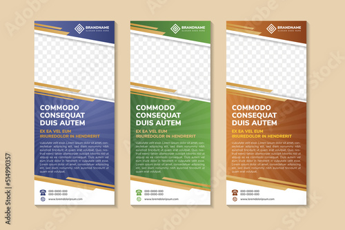 Design of vertical vector roll-up banner with diagonal elements for a photo. there are three colors selected background template for business and advertising, a sample for custom dummy text