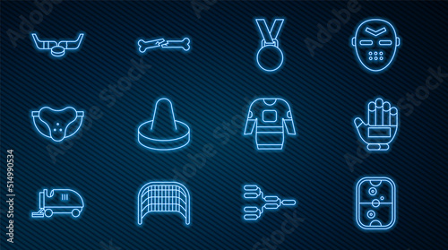 Set line Air hockey table, Hockey glove, Medal, Mallet for playing air, Protective sport jockstrap, Ice sticks and puck, jersey and Human broken bone icon. Vector