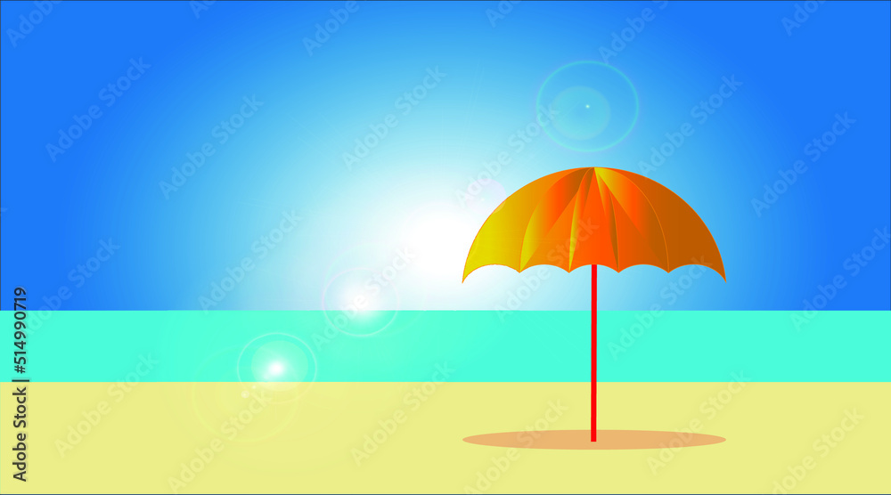 Summer holiday vacation travel on sea with sandy beach with umbrella and sun and blue sky with halo