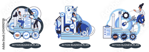 Action business plan, development strategies, foreseeing market risks. Company success secret, idea growing business achieve target metaphor, study production and sales market. Strategic biz planning