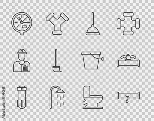 Set line Water filter, Broken pipe with leaking water, Rubber plunger, Shower, meter, Mop, Toilet bowl and Industry and valve icon. Vector